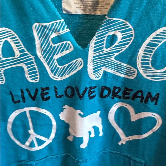 Aero Turquoise Blue Hooded Pullover Sweatshirt with Bulldog Heart & Peace Sign - Picture 5 of 7